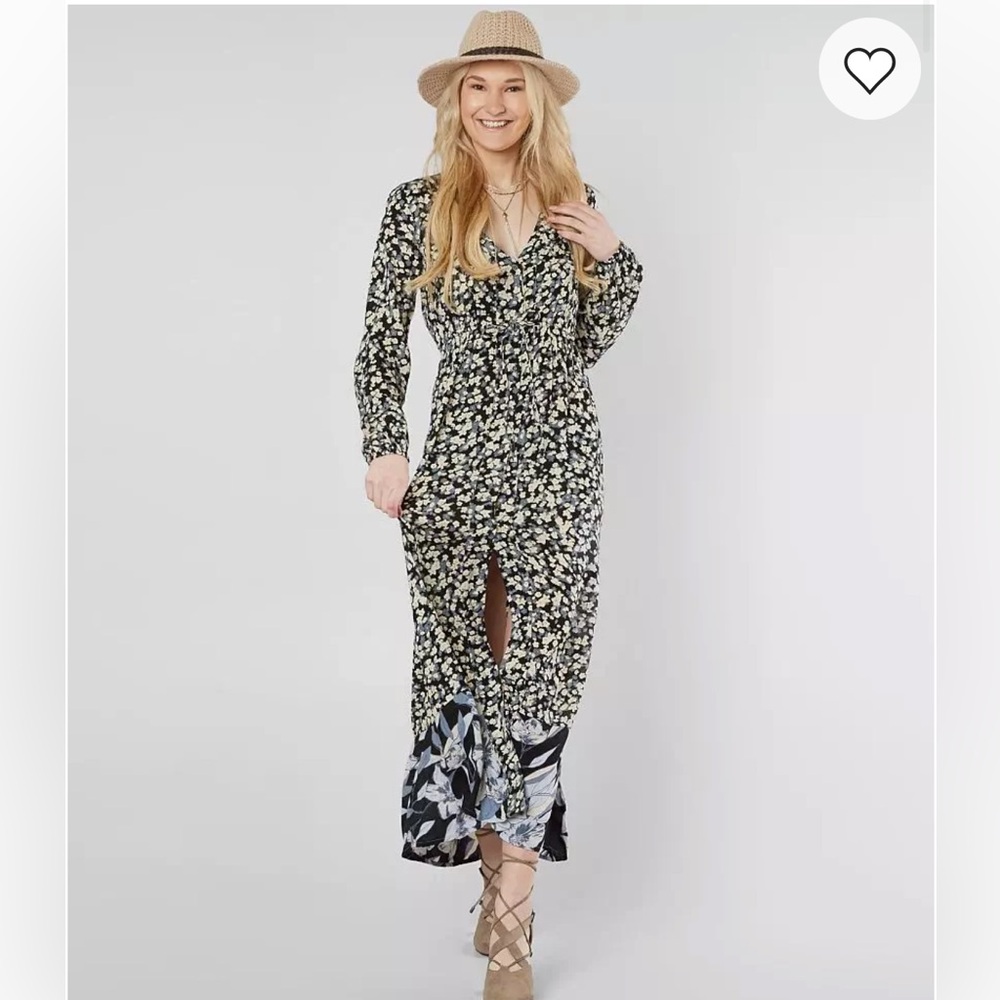 Billabong Boho Floral Allegra Kimono Long Sleeve Maxi Dress Black Off White XL